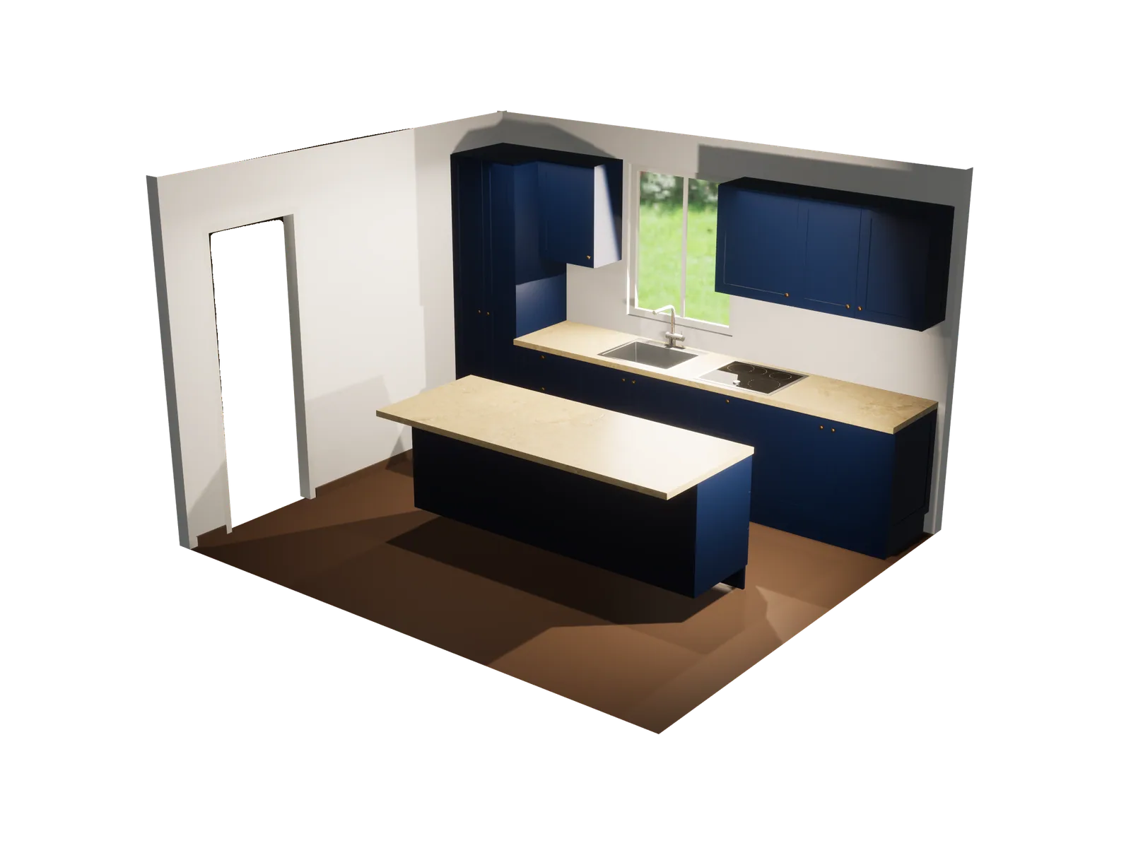 The showcase kitchen rendered in Cadvix: painted navy Shaker units, a stone worktop and an island, seen into from the open corner of the room.